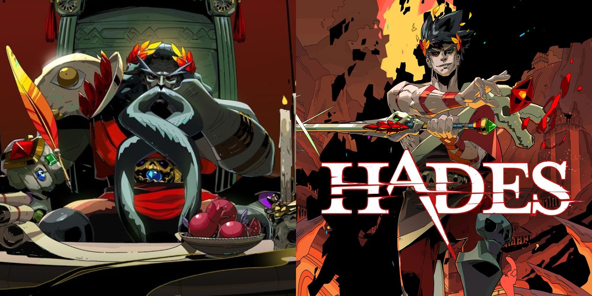 A split image of the God Hades working behind his desk and the game's front cover.