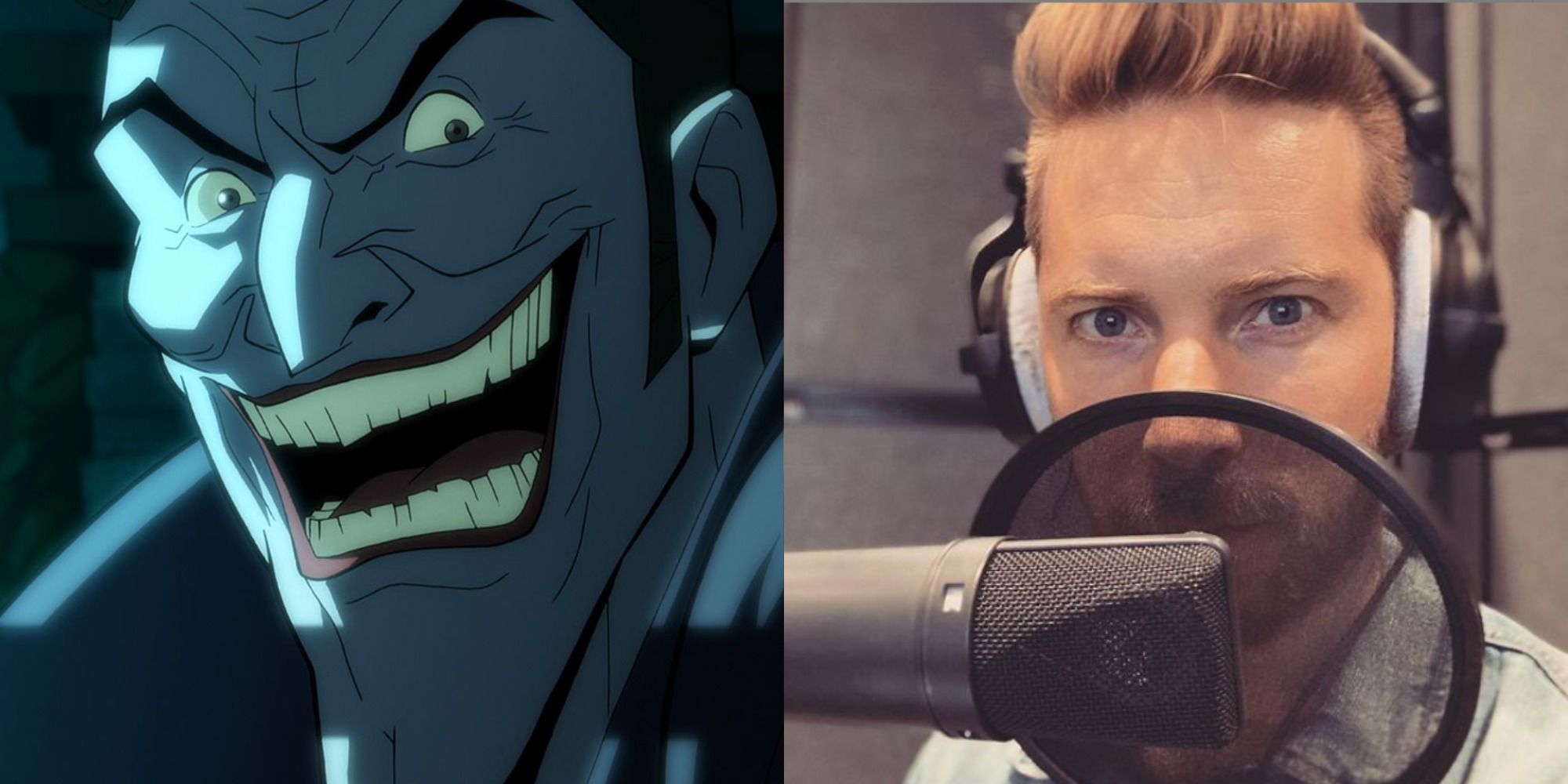 A split image of the Joker in The Long Halloween and Troy Baker recording in a booth