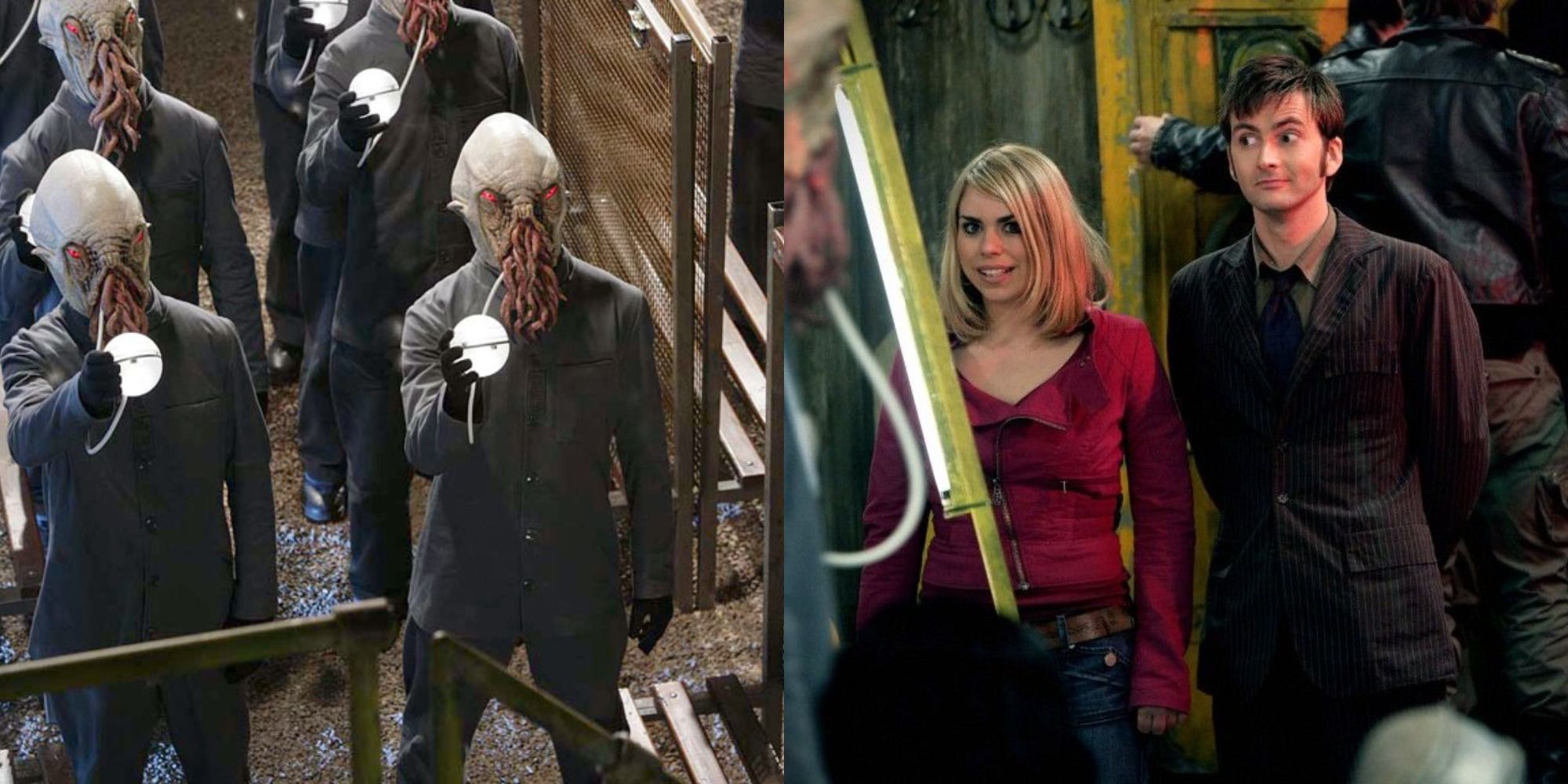 A split image of the Oods standing together and Ten and Rose smiling in Doctor Who