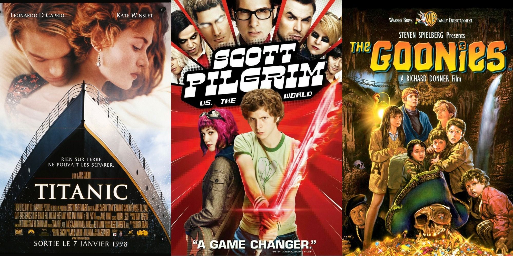 A split image of the Titanic poster, the Scott Pilgrim poster, and The Goonies poster