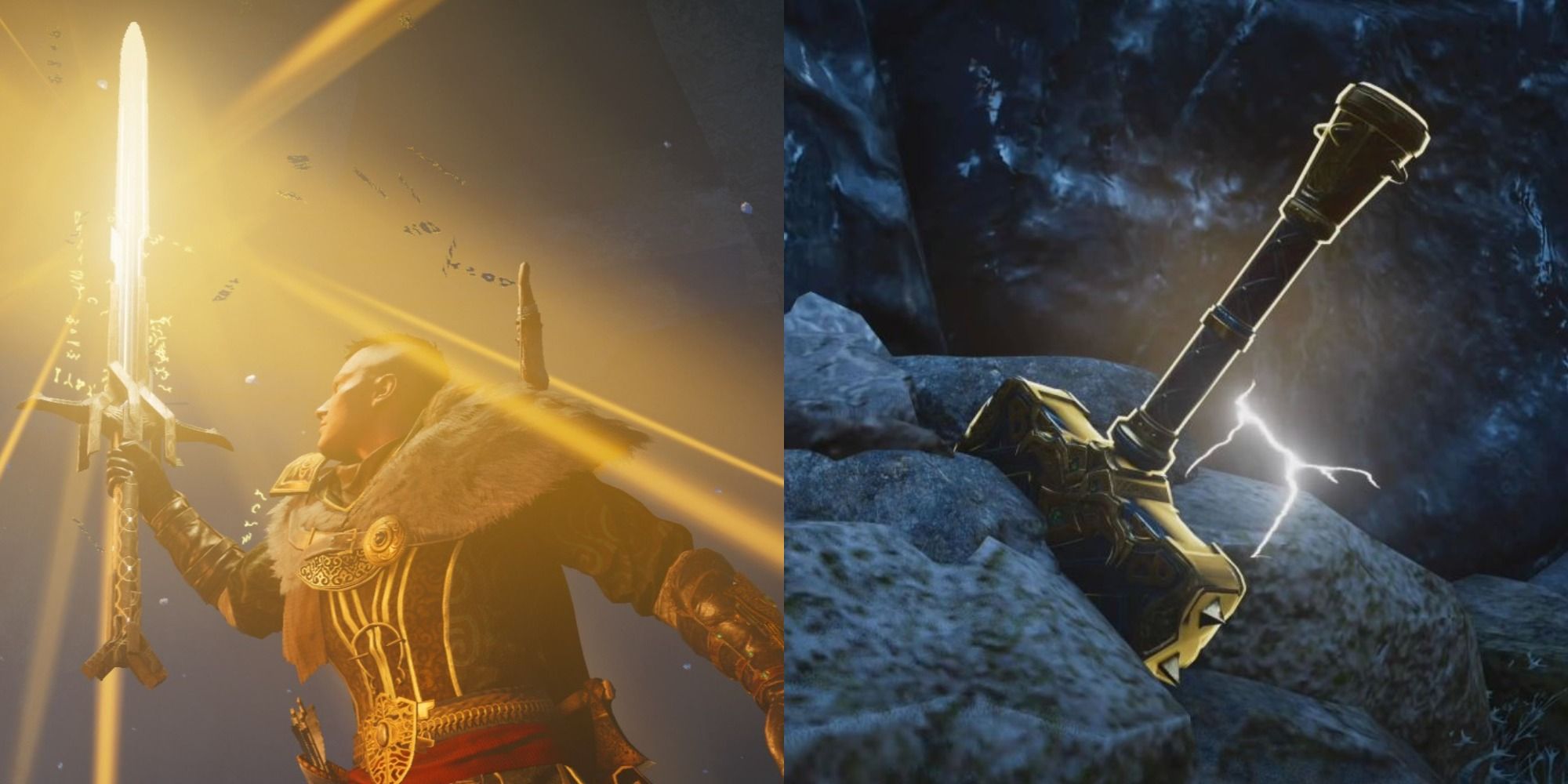 A split image of the player holding Excalibur and Mjolnir in a rock in Assassin's Creed Valhalla