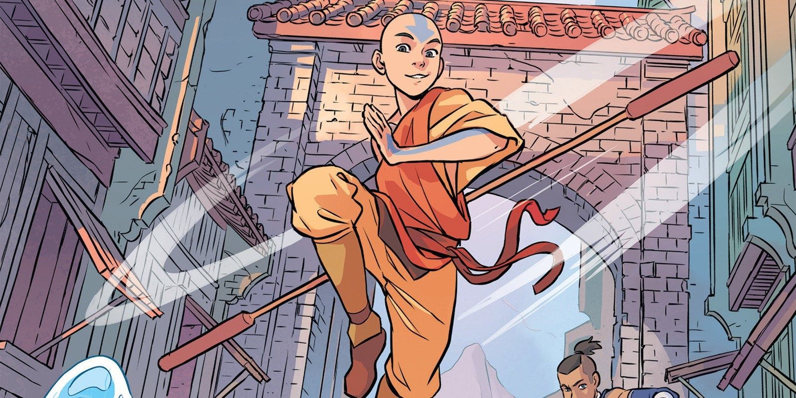Aang jumping in mid air with his staff on the cover of Imbalance