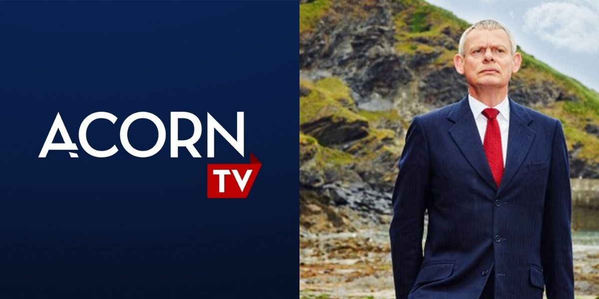 Two side by side images with the logo for Acorn TV and Doc Martin in Doc Martin TV series.