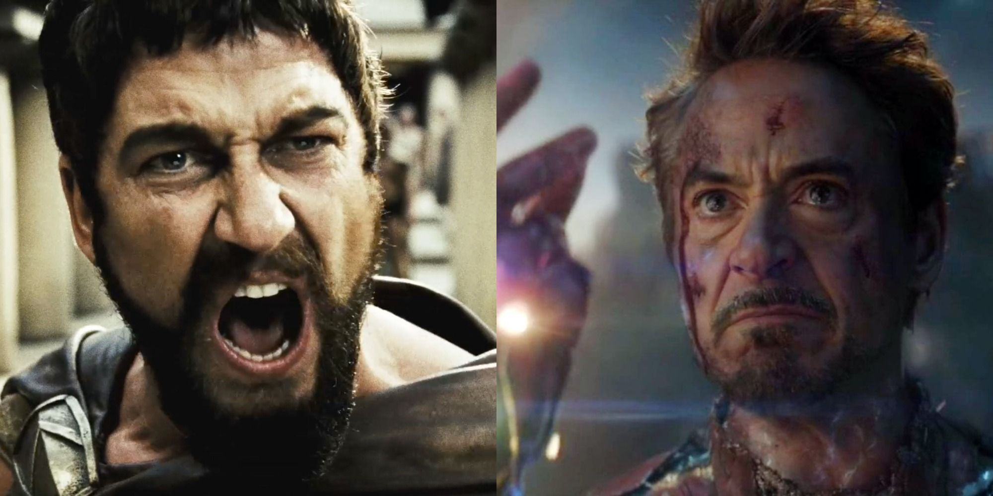 Split image showing Leonidas in 300 and Tony Stark in Avengers: Endgame