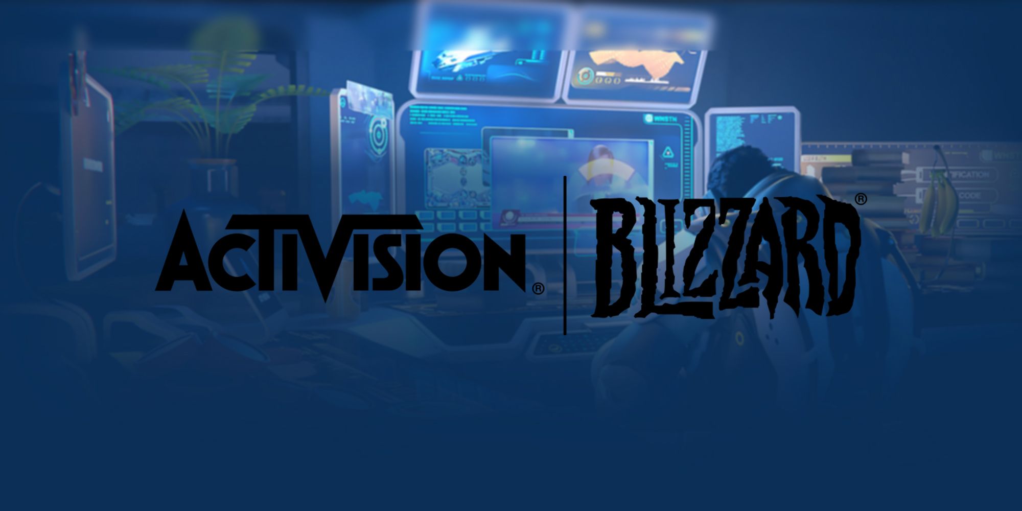 Activision Blizzard logo over Winston from Overwatch