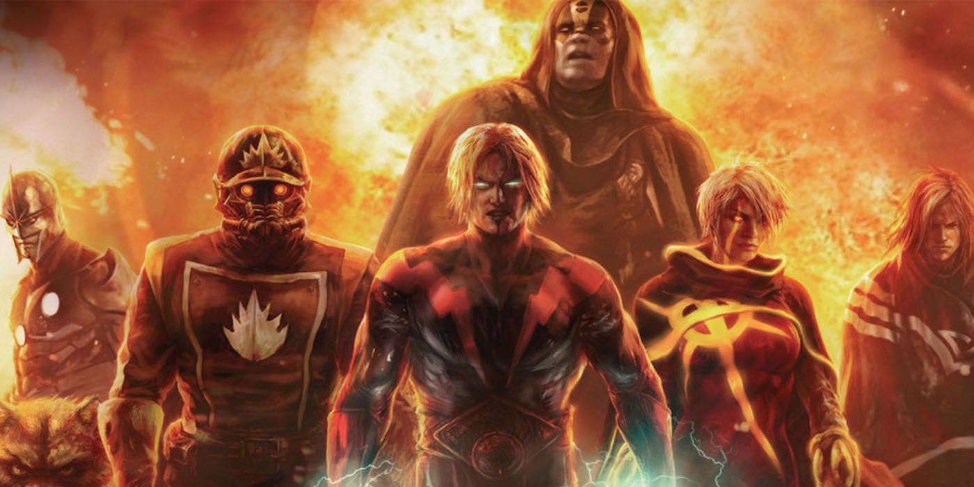 Adam Warlock leading the Guardians of the Galaxy in Annihilation Conquest.