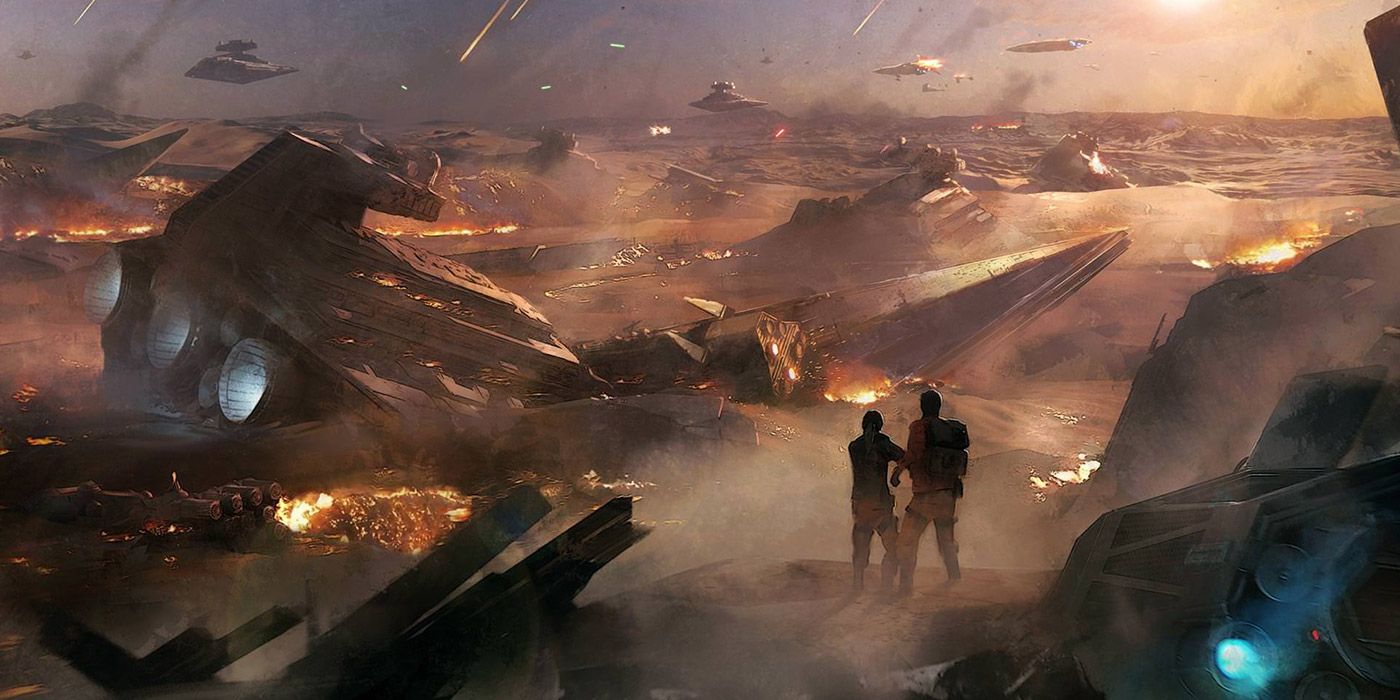The wreckage of a Star Destroyer on the planet Jakku in Star Wars