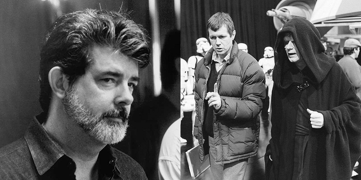 Split image of George Lucas, Richard Marquand and Ian McDiarmid from Return of the Jedi