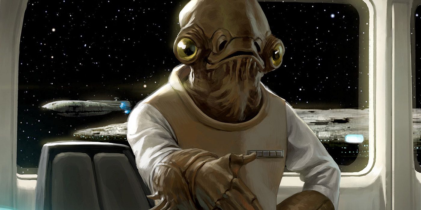 Admiral Ackbar on the bridge of a ship reaching out to shake someone's hand in Star Wars