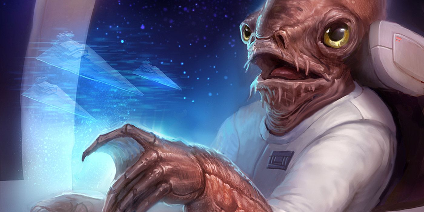 Admiral Ackbar looking at a holo of Star Destroyers from Star Wars
