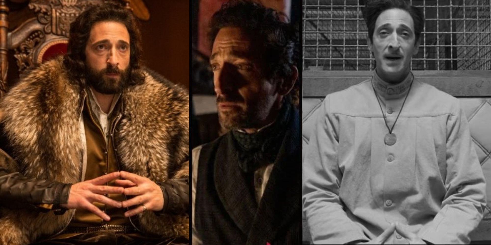 Adrien Brody as Roman Emperor Charles V in Emperor, Captain Charles Boone in Chapelwaite, and Julien Cadazio in The French Dispatch