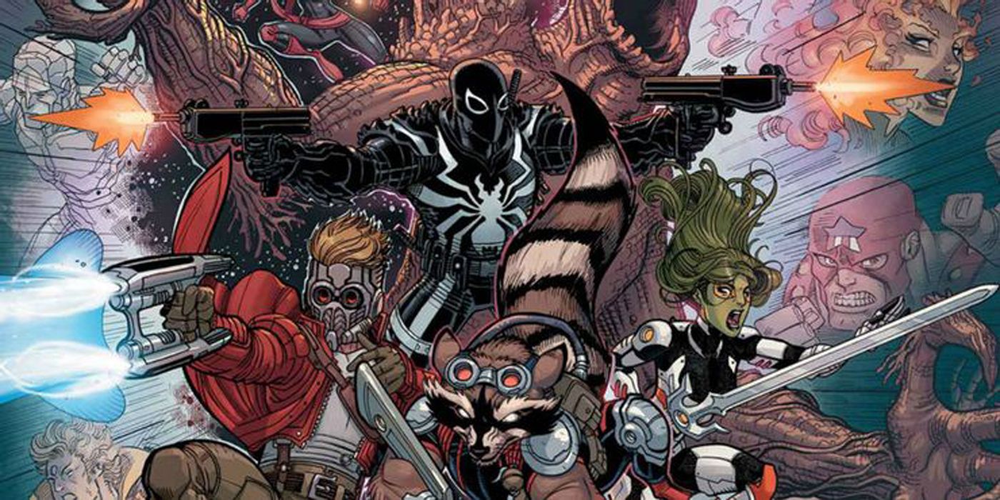 Agent Venom shooting his guns in battle alongside Guardians of the Galaxy.