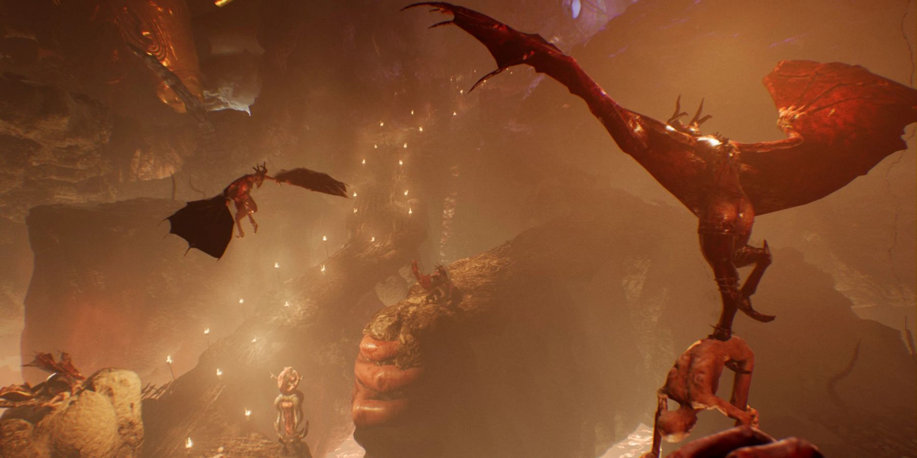 Winged demons carry tortured souls in hell in the video game Agony.