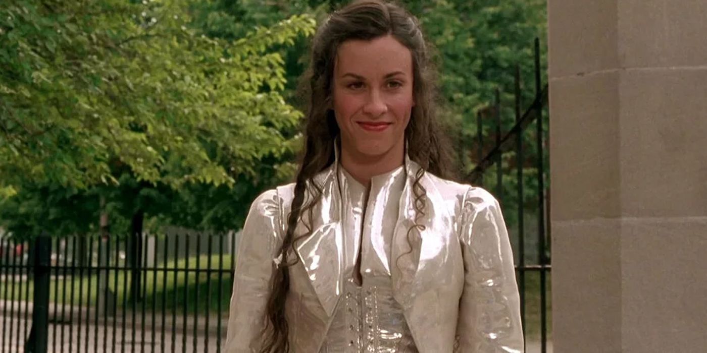 Alanis Morissette appears outside the church as God in Dogma.