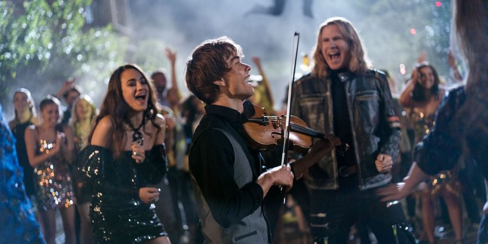 Alexander Rybak playing the violin surrounded by a happy crowd in Eurovision Song Contest The Story of Fire Saga