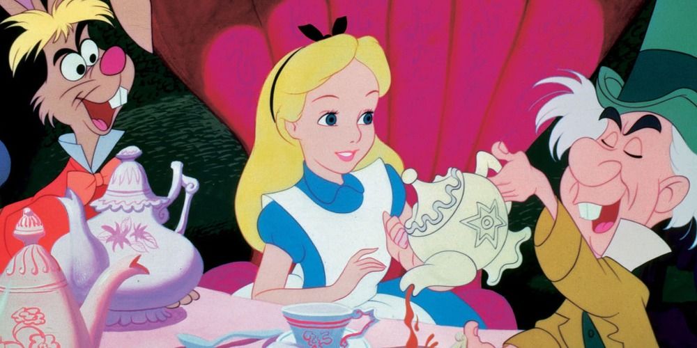 Alice, the March Hare, and the Mad Hatter at a tea party in Alice in Wonderland