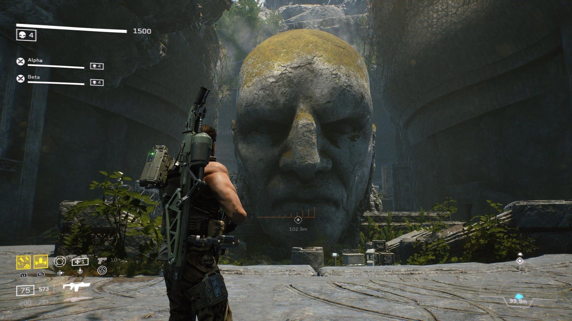 A player in Aliens: Fireteam Elite looking at a giant, carved stone head.