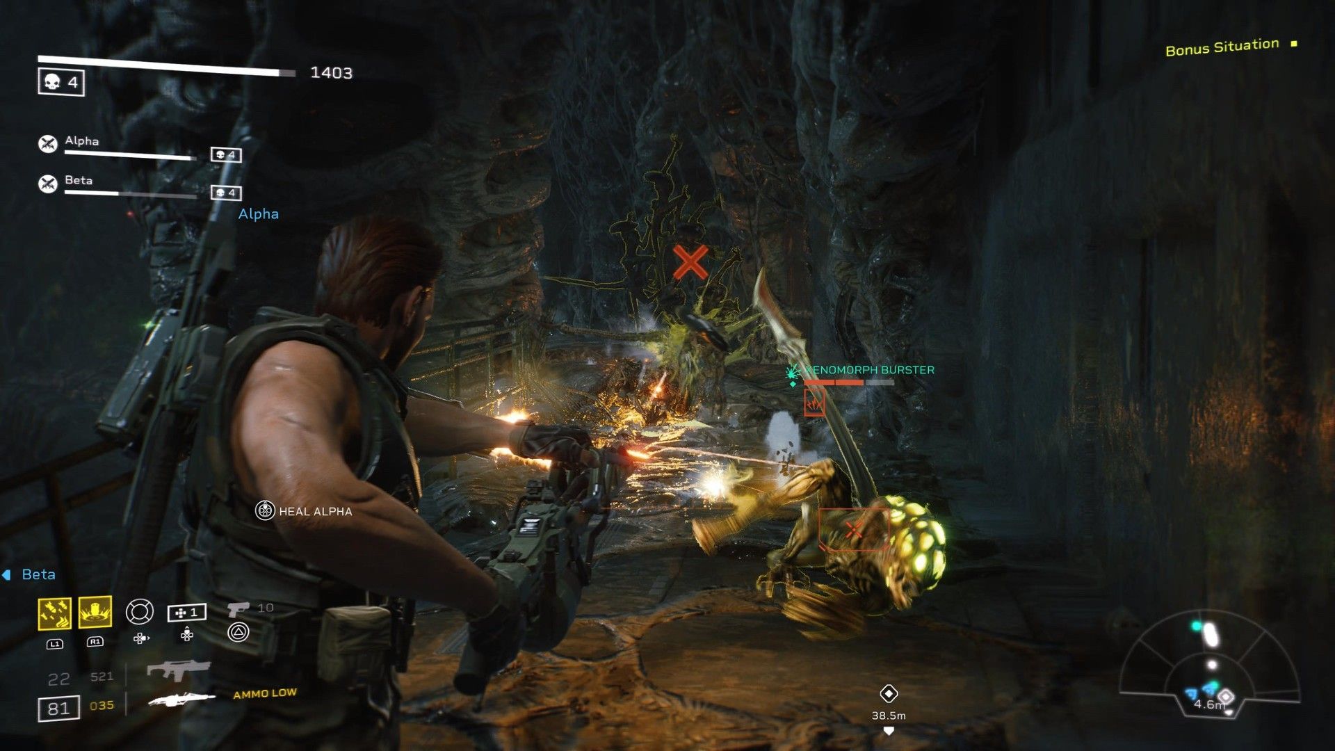 An Aliens: Fireteam Elite player battling a group of enemies.