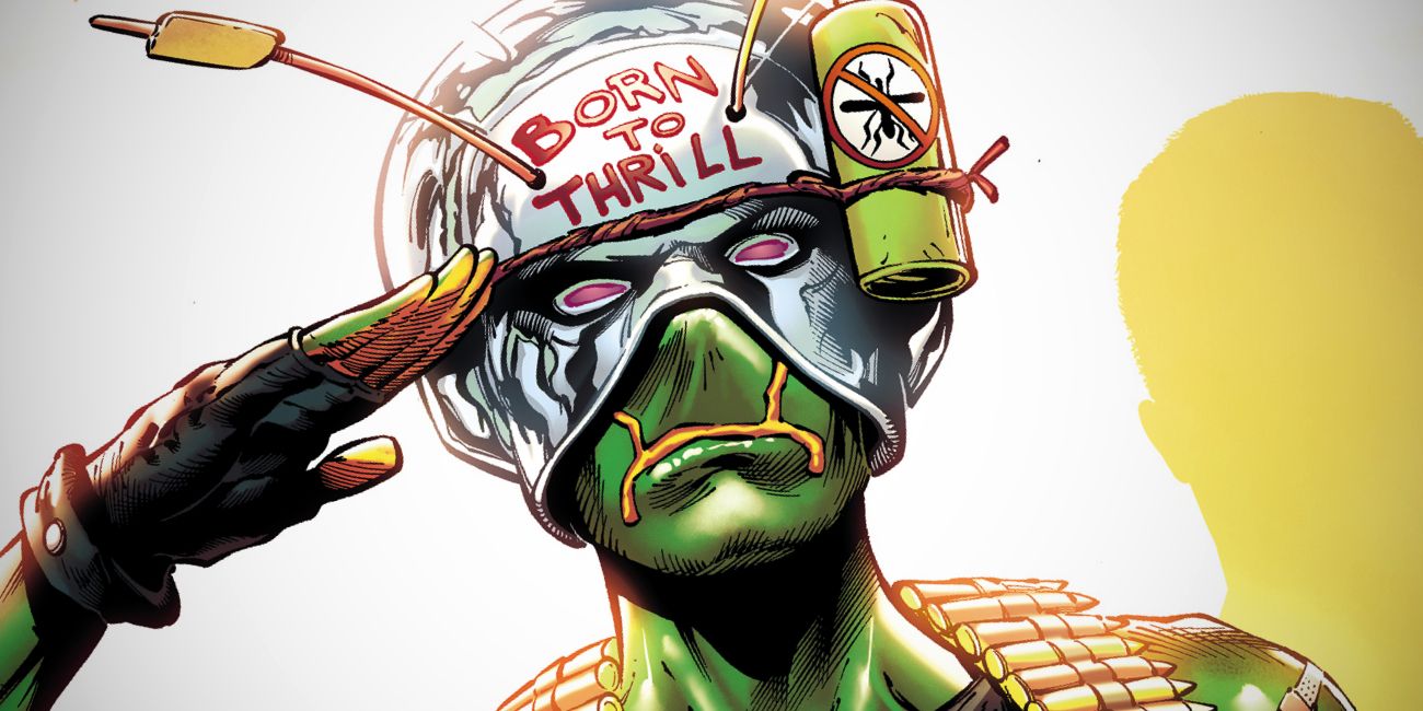 Ambush Bug wearing a helmet reading Born To Thrill