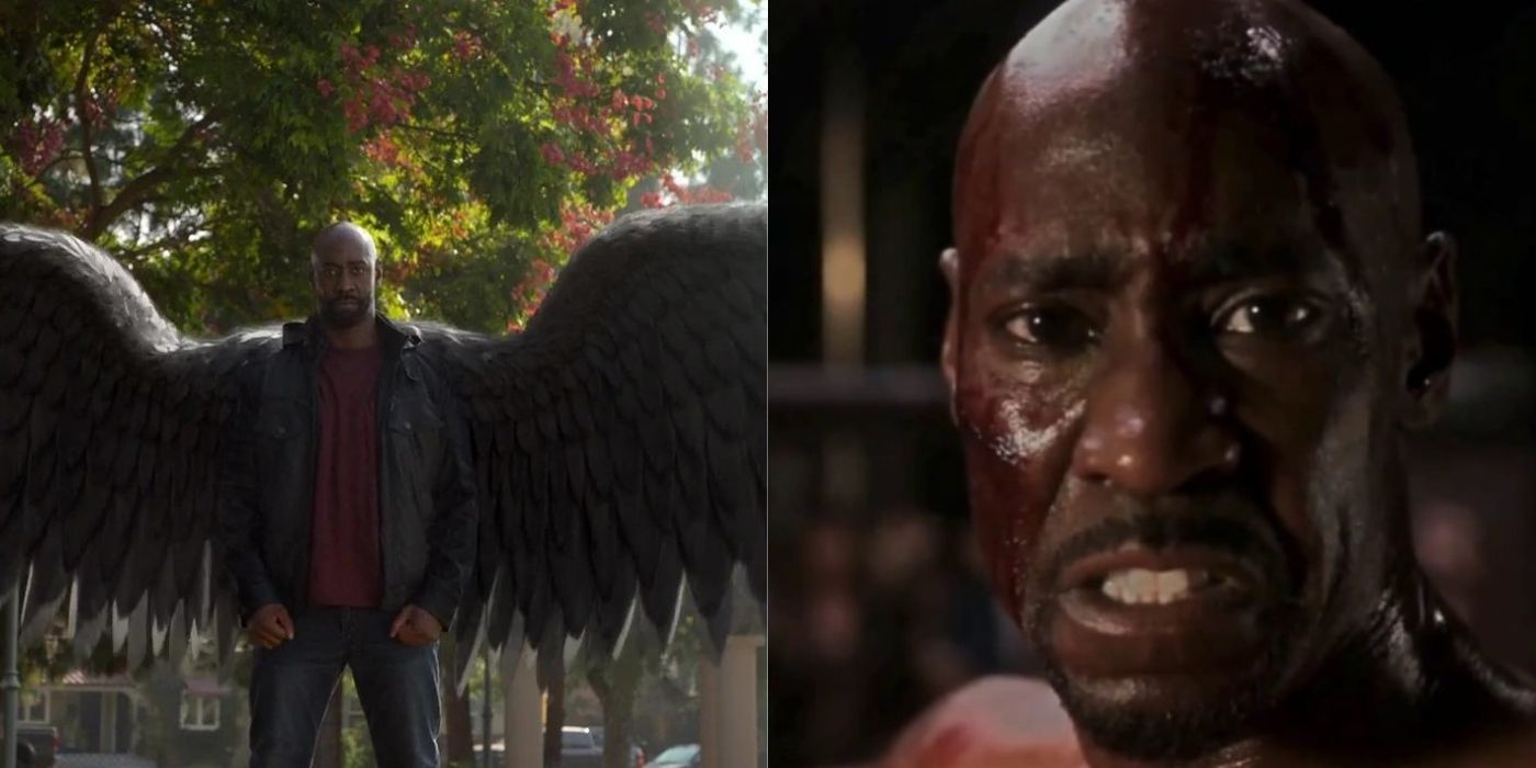 Split image of Amenadiel standing with his wings out & Amenadiel looking at the camera in Lucifer.