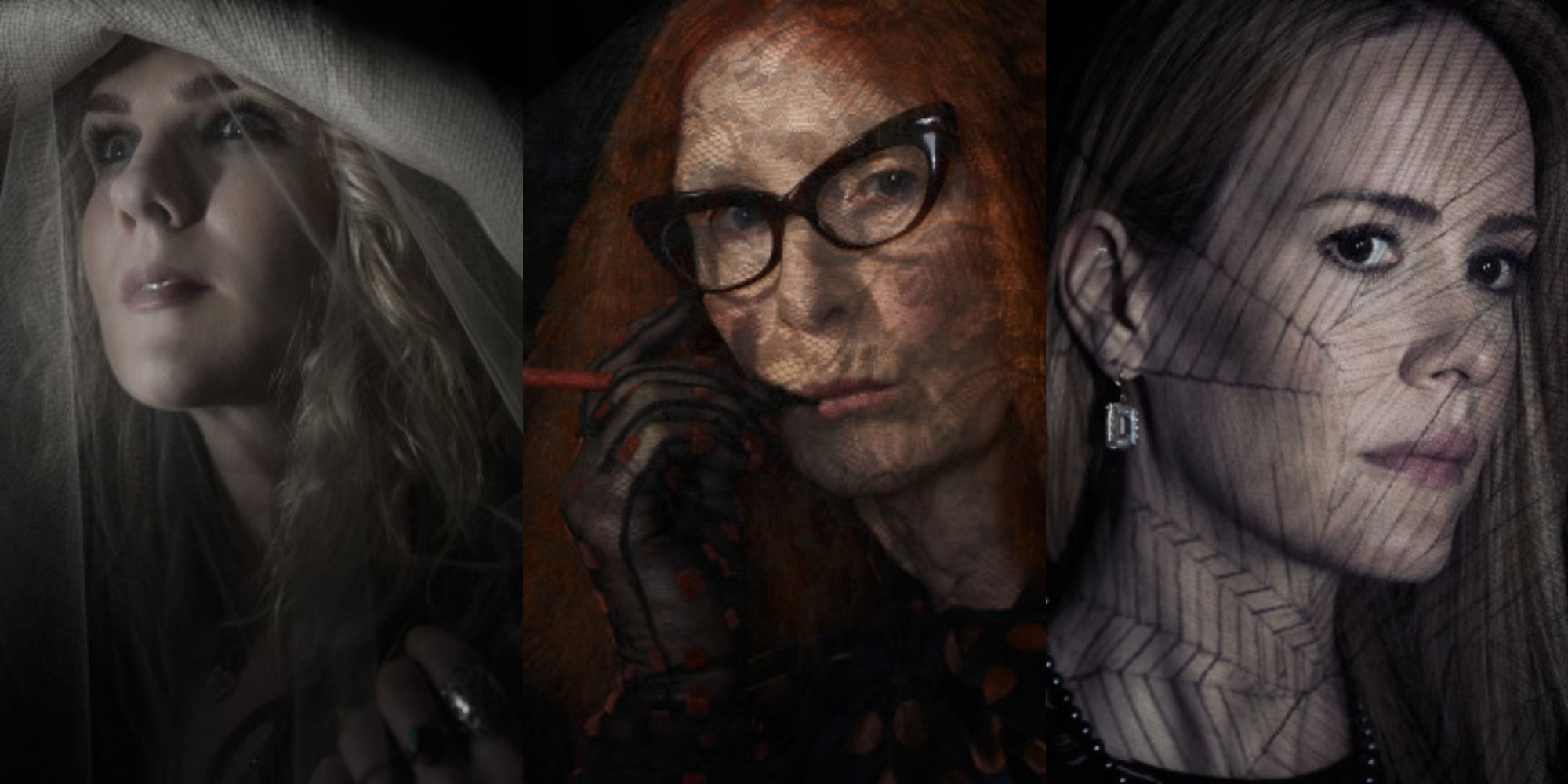 Split image: Misty, Myrtle, and Cordelia shrouded in shadows in American Horror Story: Coven