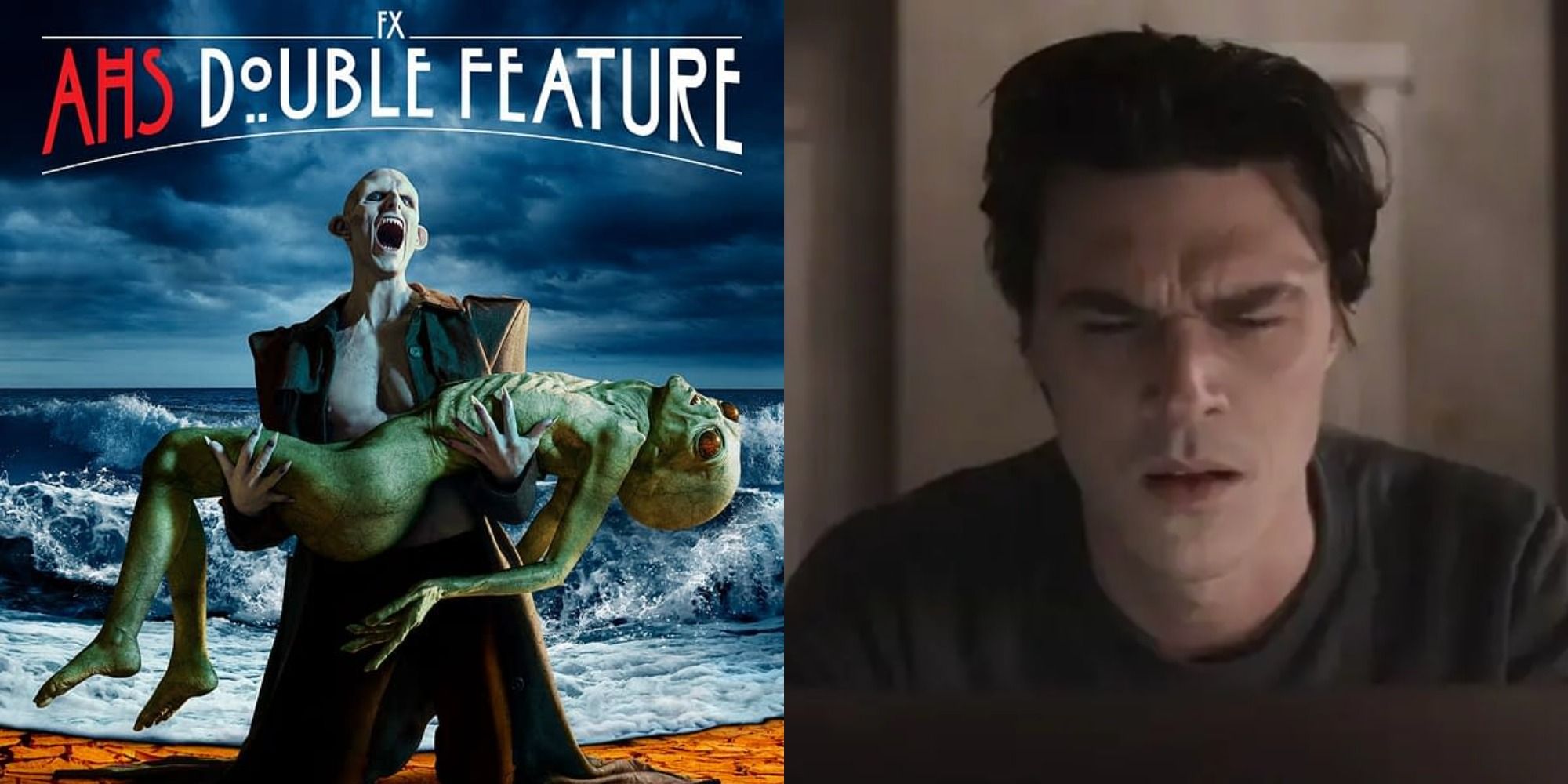 Split image showing a poster for American Horror Story: Double Feature and Finn Wittrock