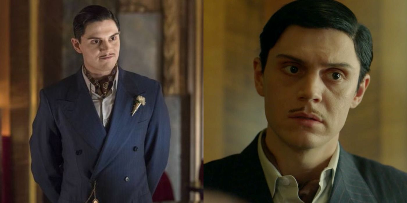 Split image showing James Patrick March in AHS Hotel and Apocalypse