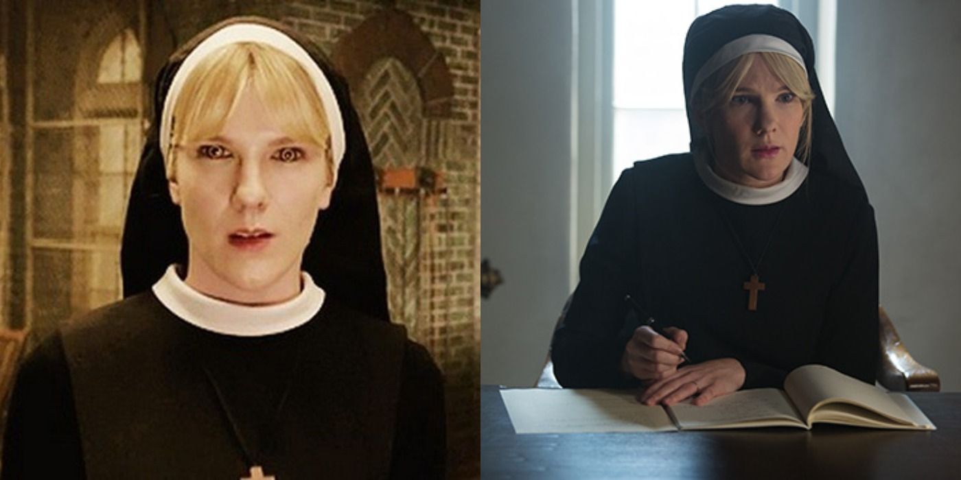 Split image showing Mary Eunice in AHS Asylum and Freak Show