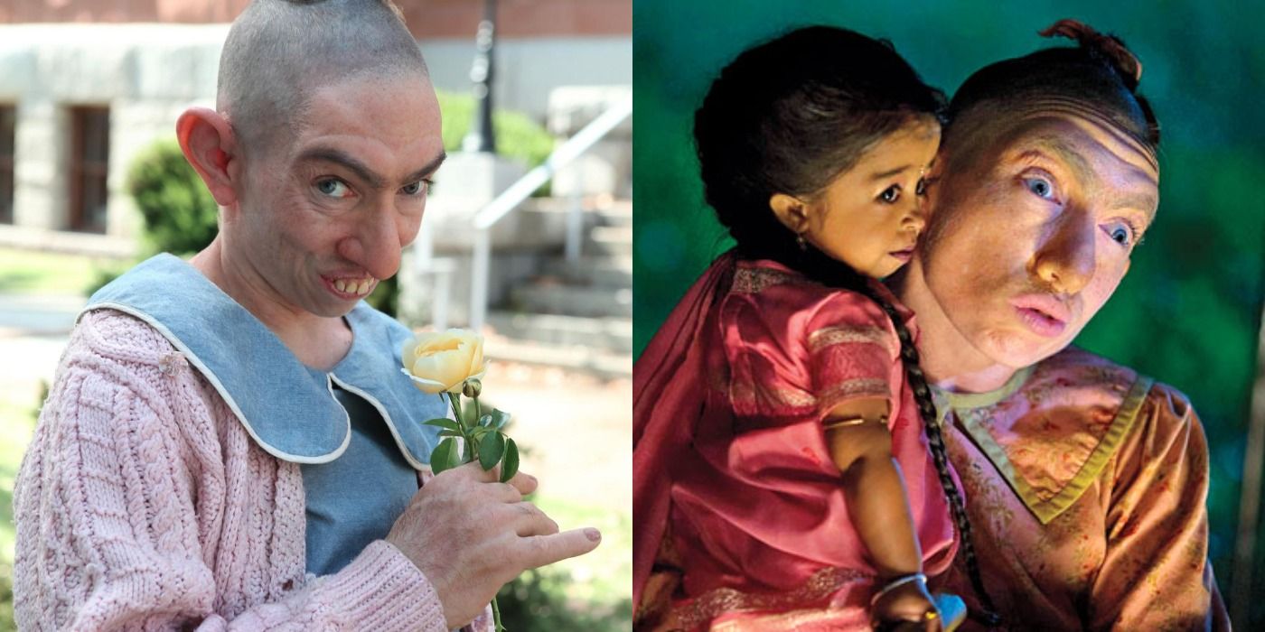 Split image showing Pepper in AHS Asylum and Pepper with Ma Petite in AHS Freak Show