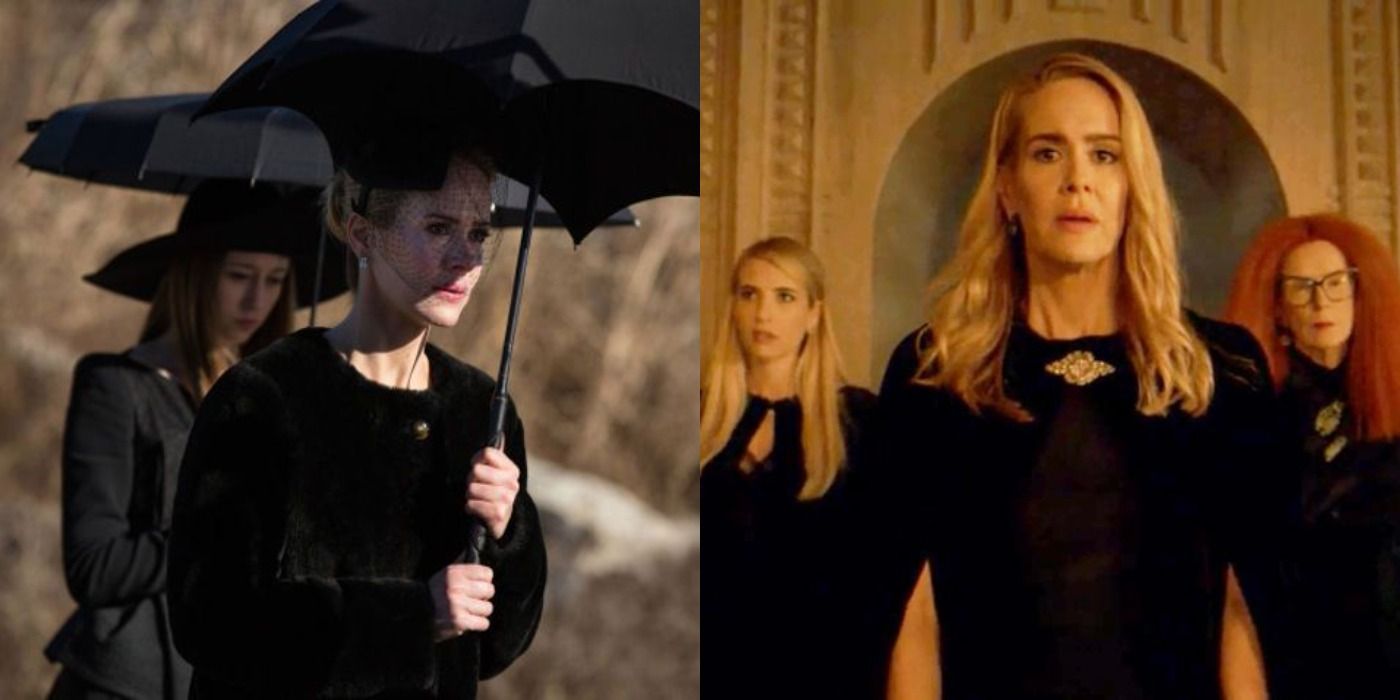 Split image showing Cordelia and Zoe in AHS Coven and Cordelia, Madison, and Myrtle in AHS Apocalypse