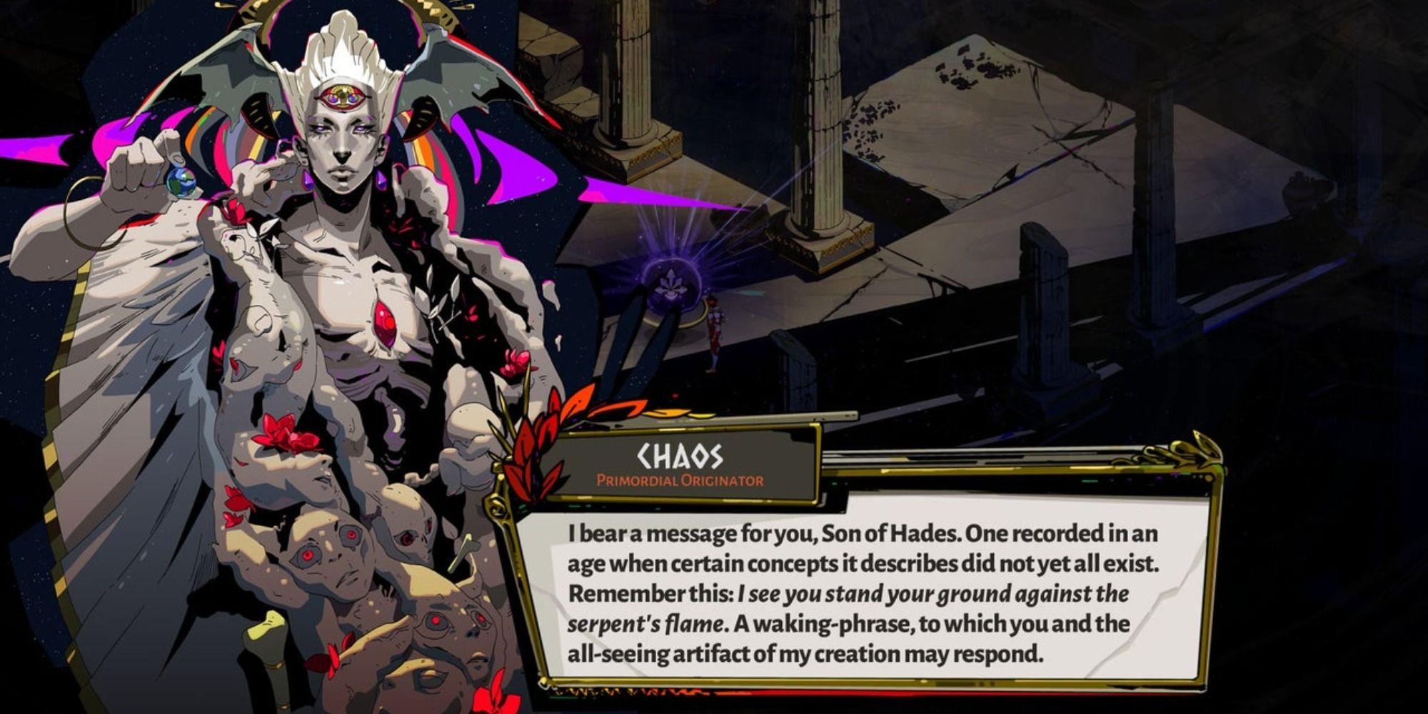 An image of Chaos talking to the player in Hades video game