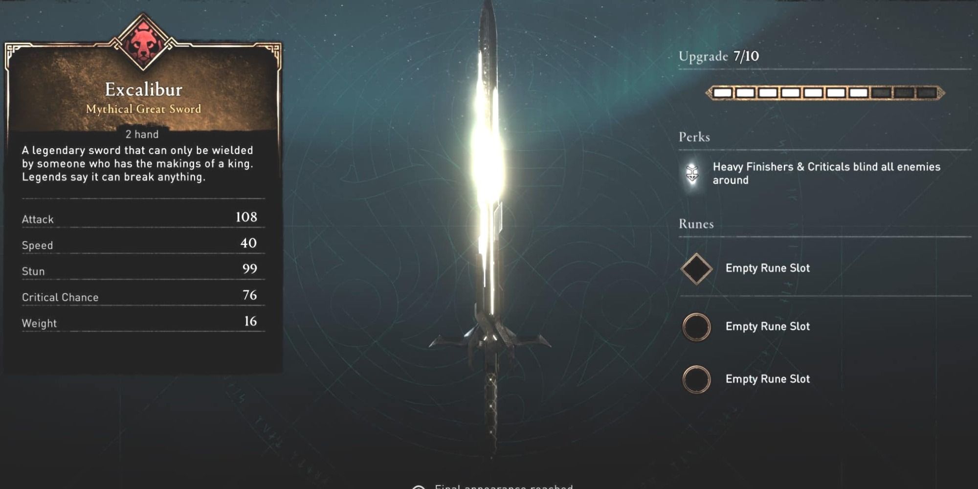 An image of Excalibur and its stats in Assassin's Creed: Valhalla