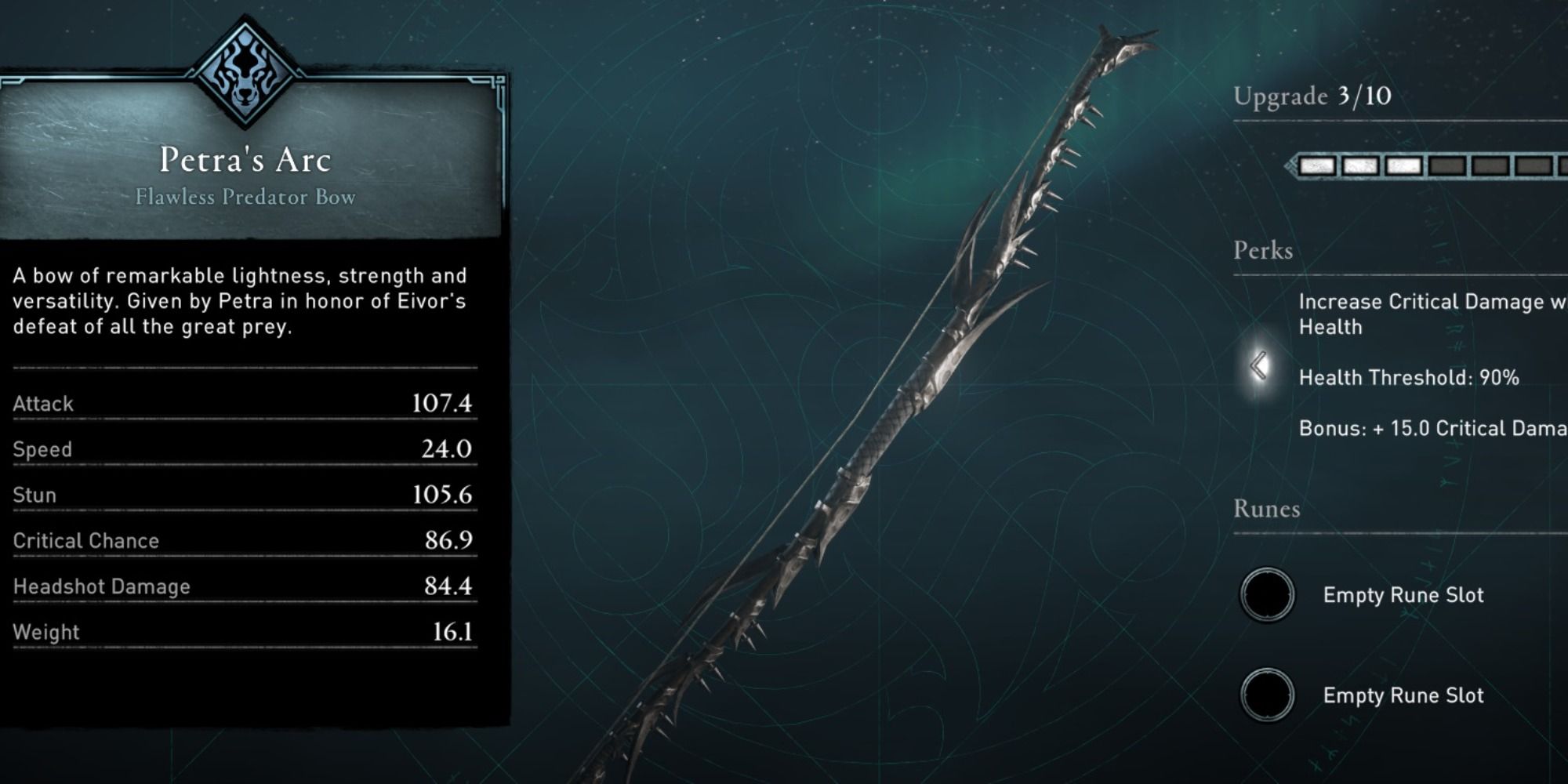 An image of Petra's arc bow and its stats in Assassin's Creed: Valhalla