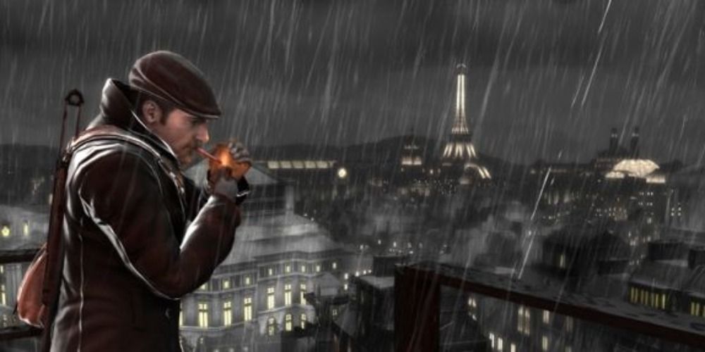 Sean smoking a cigarette as he looks over Paris in The Saboteur