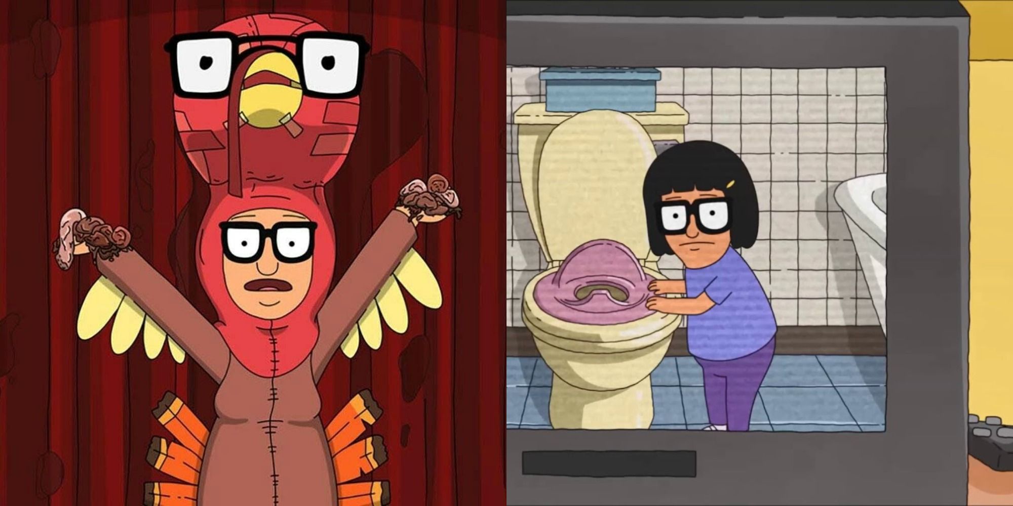An image of Tina in a turkey outfit and Tina singing to the toilet in Bob's Burgers