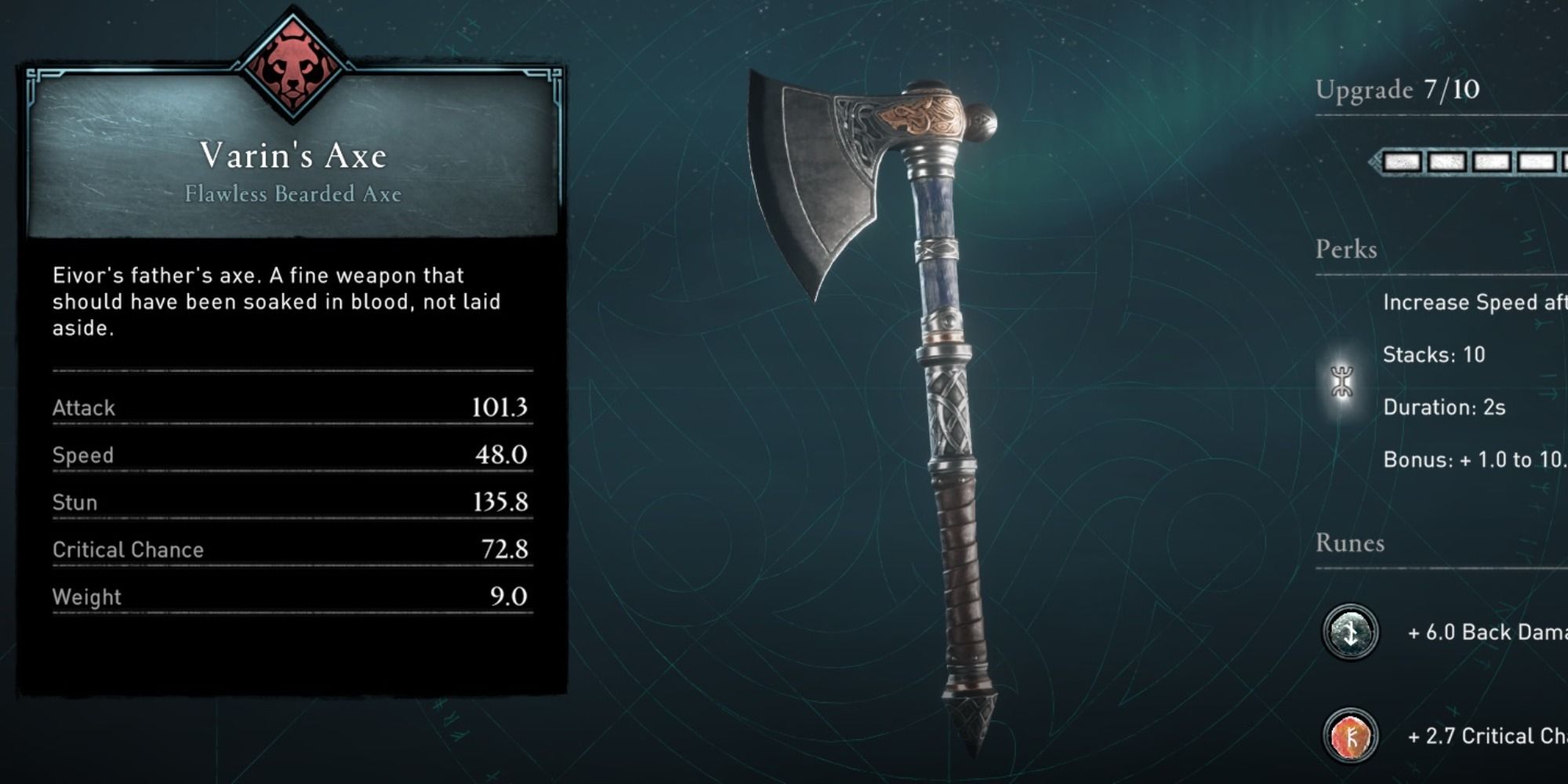 An image of Varin's Axe and its stats in Assassin's Creed: Valhalla