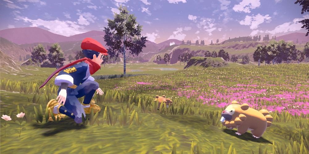 An image of a trainer approaching a small Pokemon in the fields