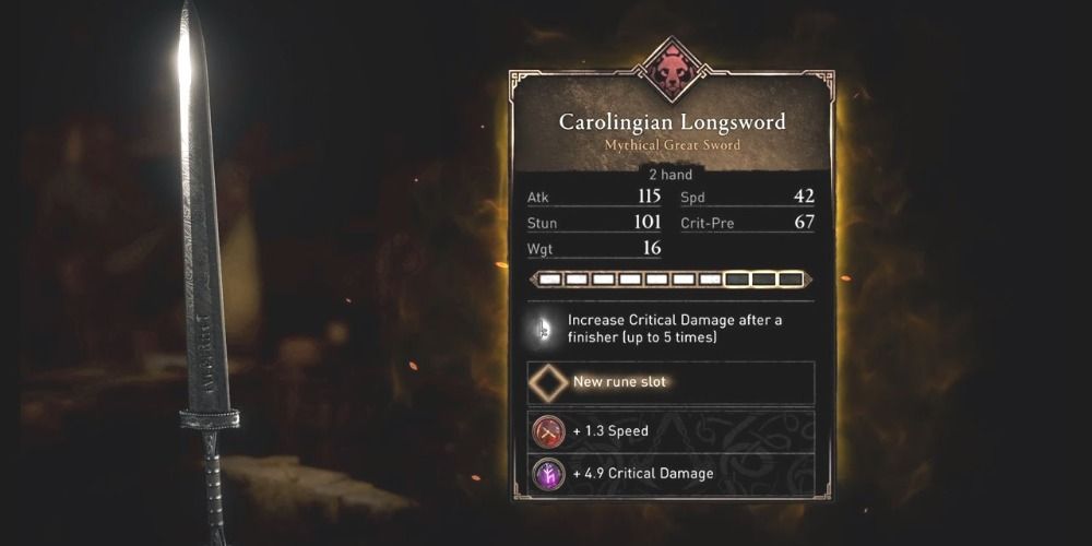 An image of the Carolingian Longsword and its stats in Assassin's Creed Valhalla