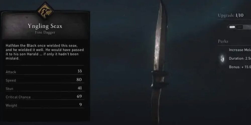 An image of the Yngling Seax and its stats in Assassins Creed Valhalla