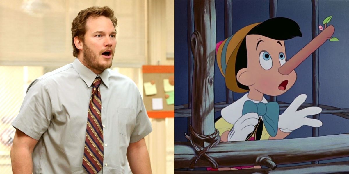 Split image: Andy from Parks and Rec looking shocked; Pinocchio with his nose growing
