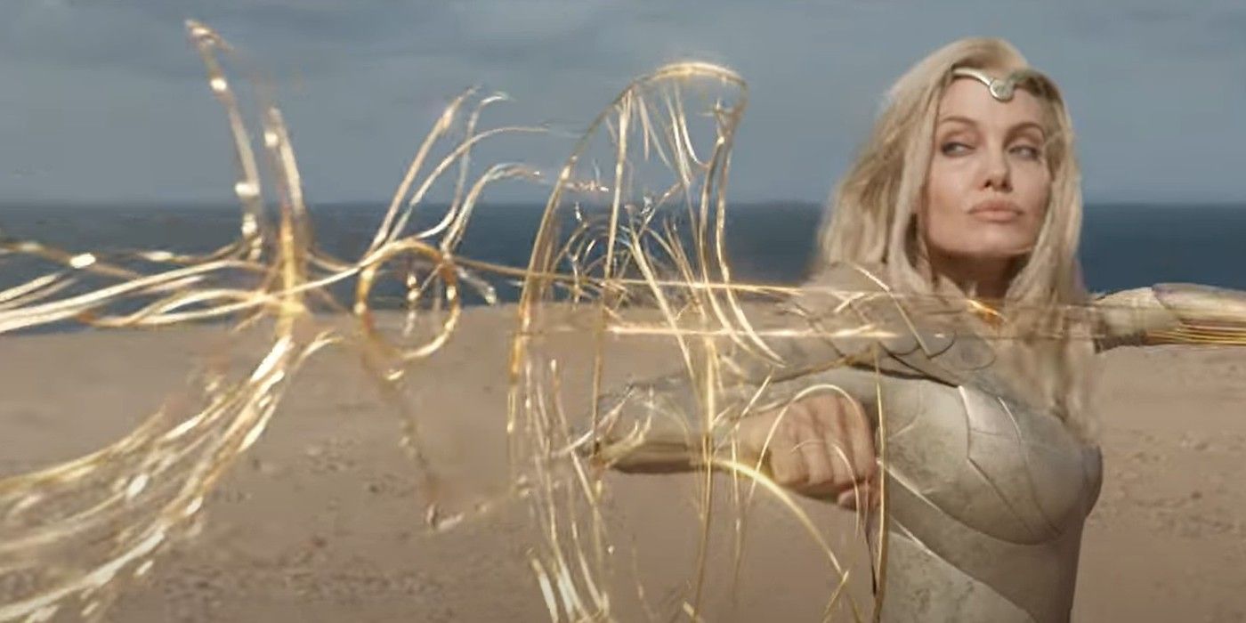 Thena displaying her powers on the beach in Marvel's Eternals.