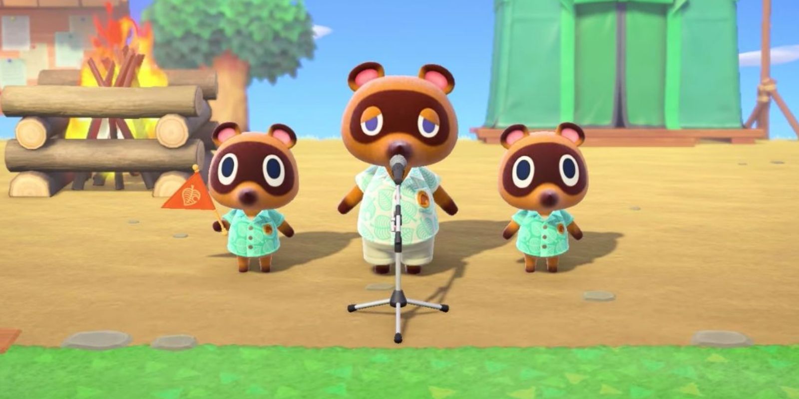 Nook with two others speaking on the mic in Animal Crossing