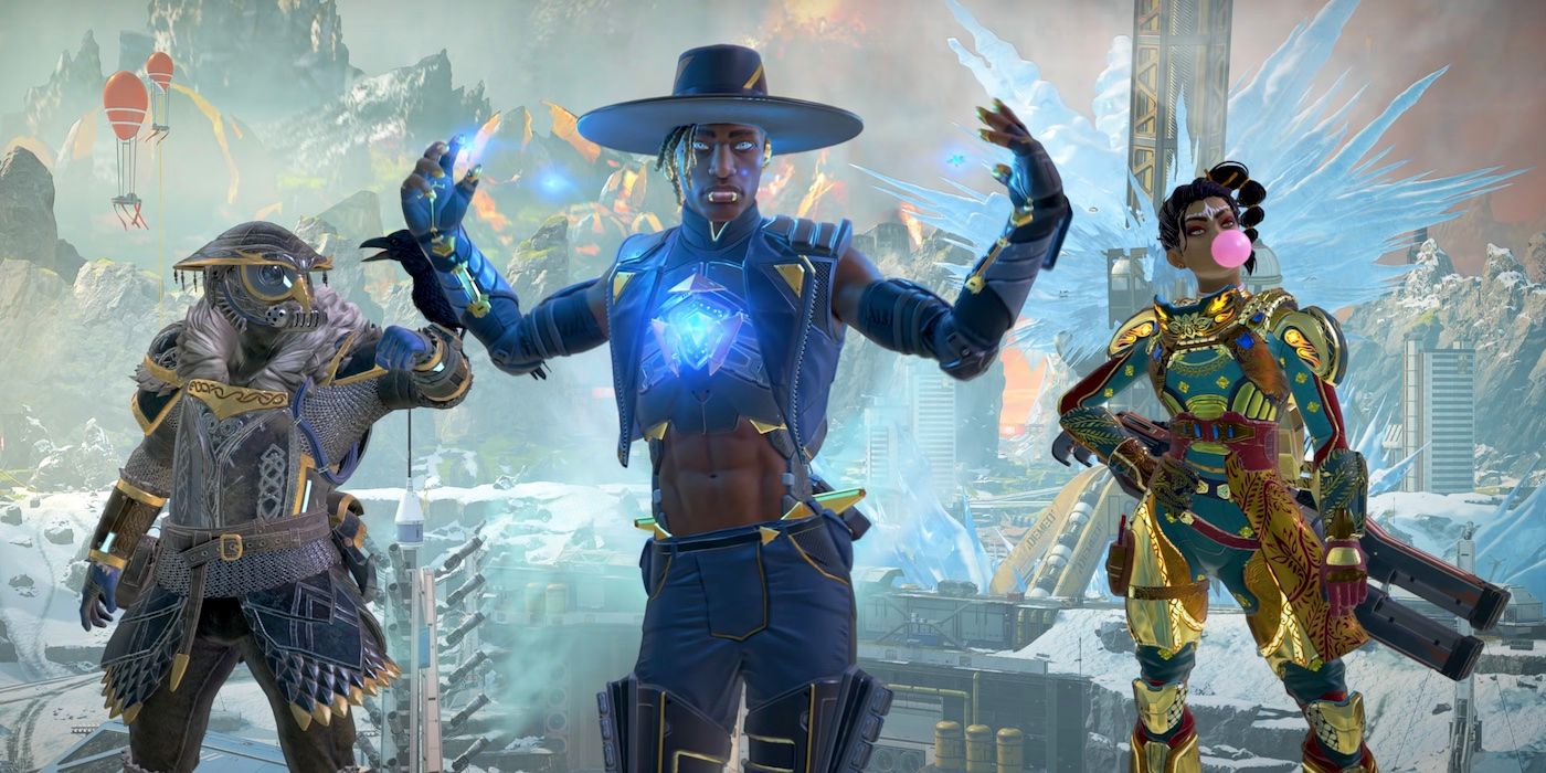 An image of Bloodhound, Seer, and Rampheart standing together in Apex Legends