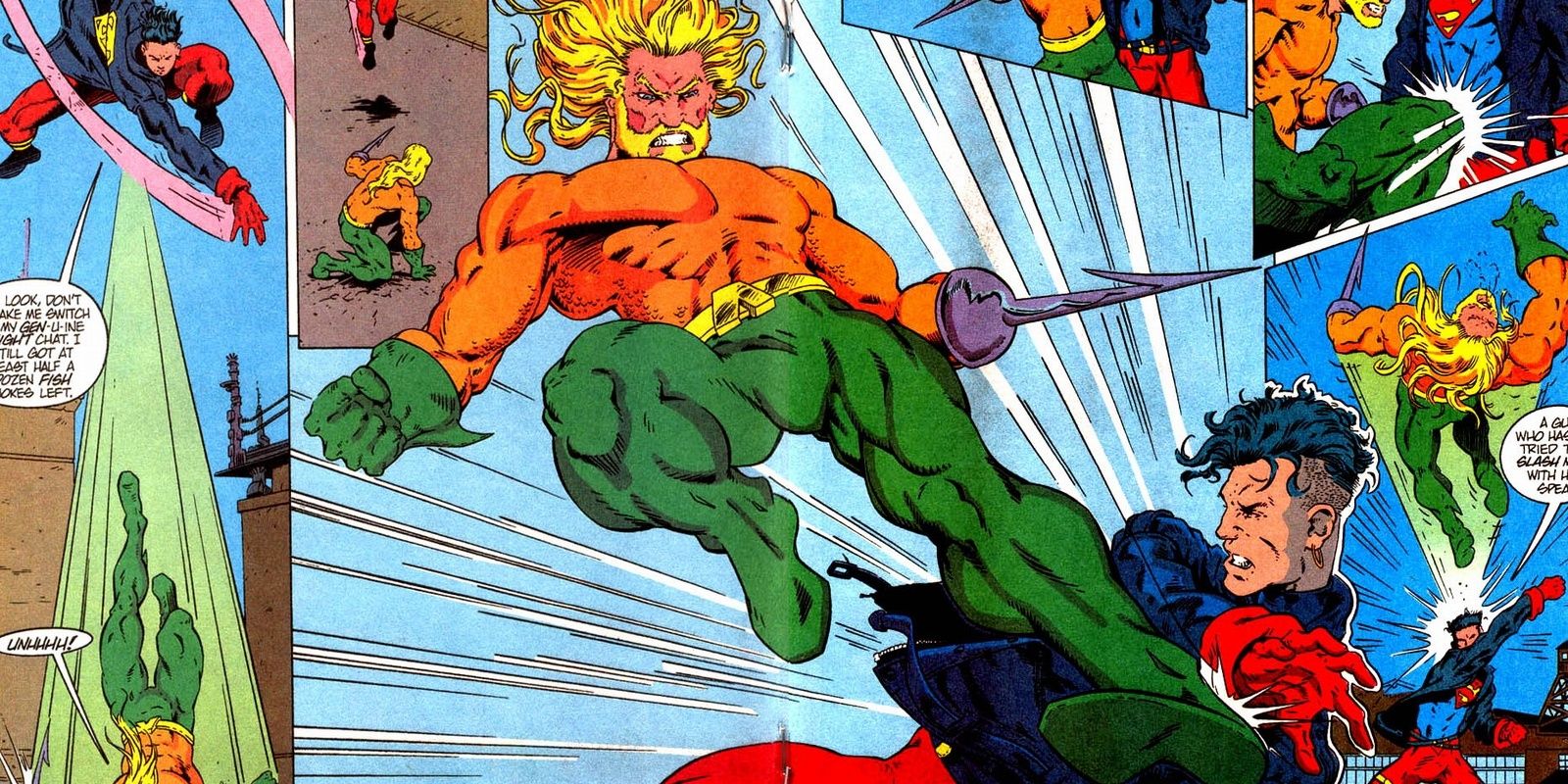 Aquaman kicking Superboy in the chest