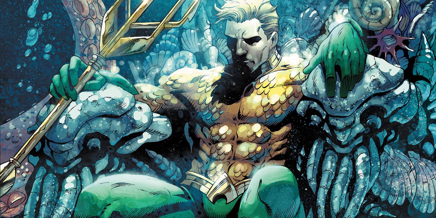 Aquaman sitting on his throne as the king.