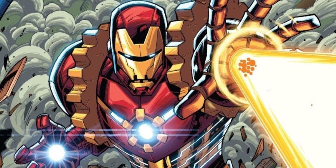 Arno Stark, in his Iron Man armor, fires a repulsor blast in a Marvel comic.