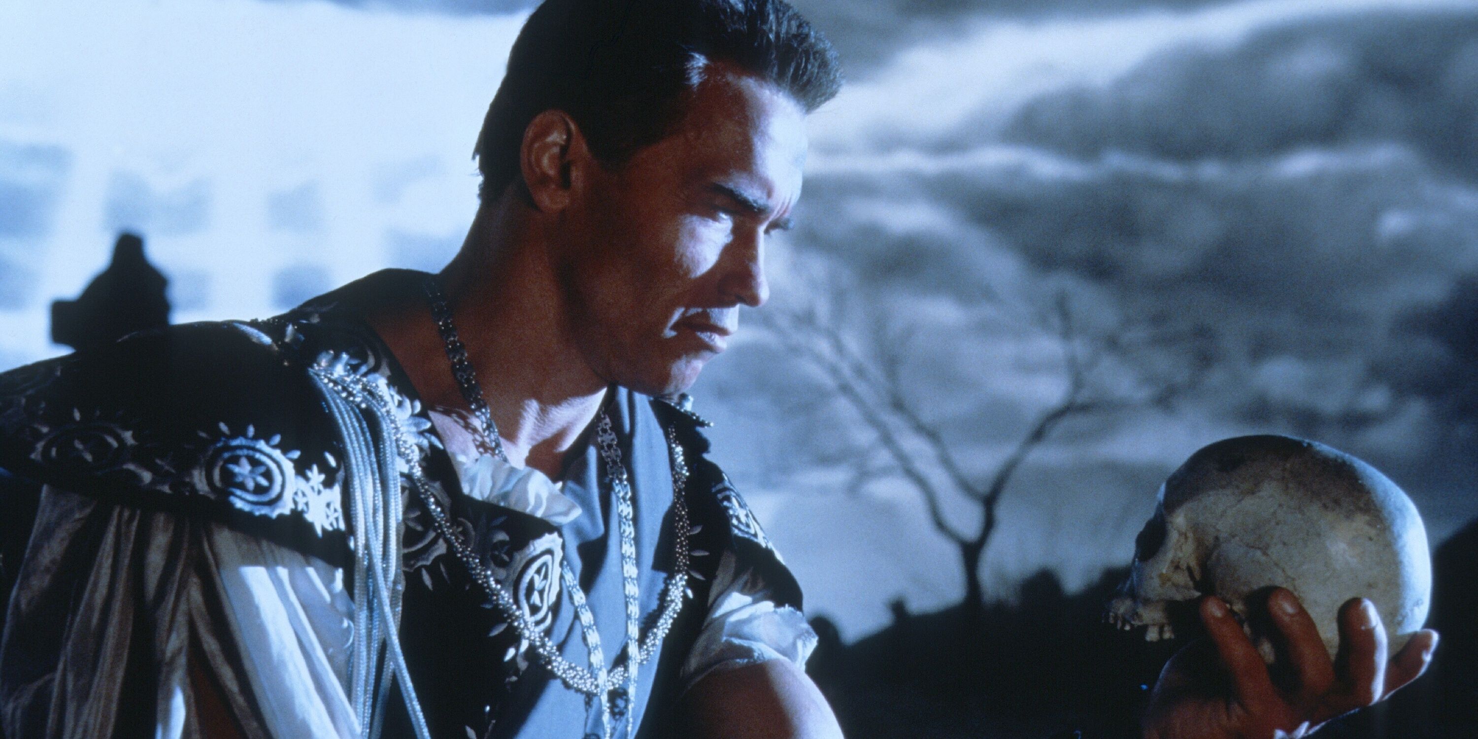 Arnold Schwarzenegger holding skull and doing Hamlet in Last Action Hero