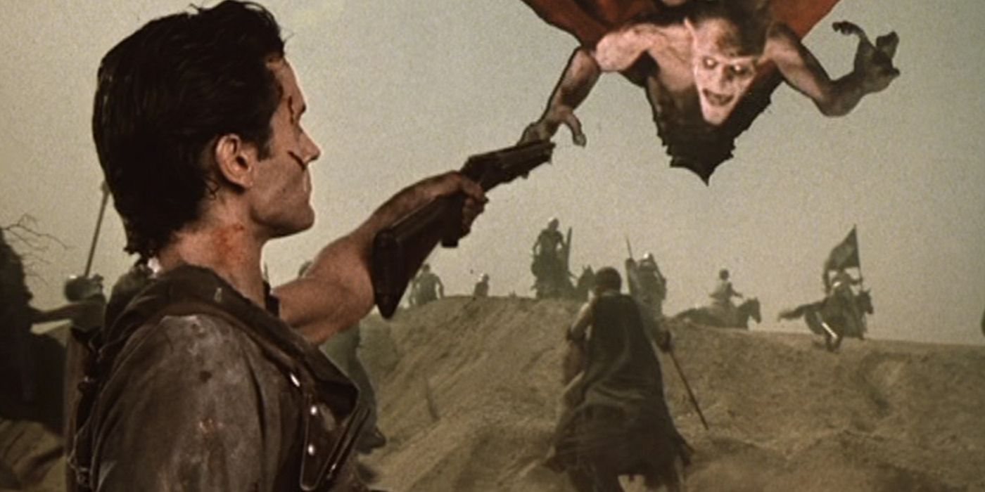 Ash shooting down a winged deadite in The Evil Dead II