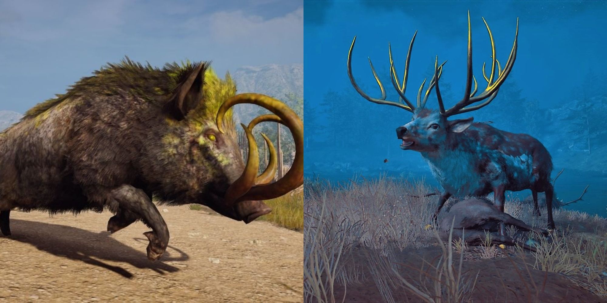 Split image showing the Erymanthian Boar and the Hind of Keryneia in Assassin's Creed Odyssey.