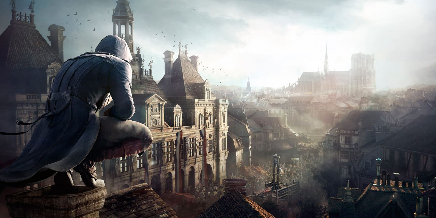 Arno looks out over the Paris skyline in Assassin's Creed Unity 